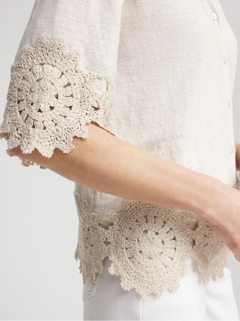 CHICO’S NWT 1 Crochet Trim Linen Shirt in River Rock Neutral Cream Blouse Top 8